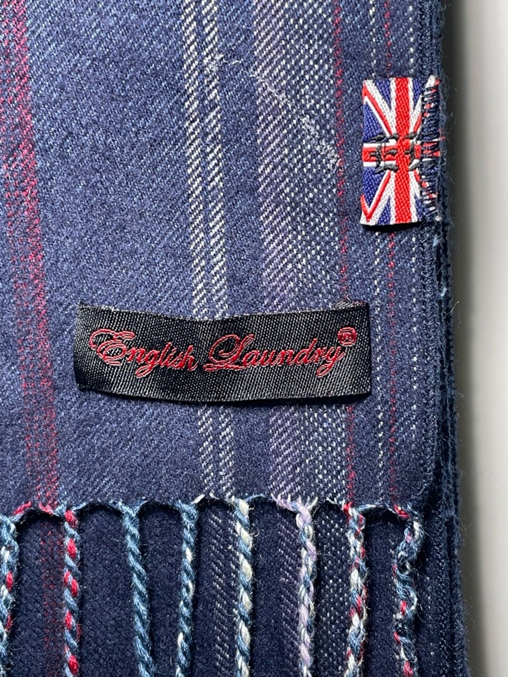 English Laundry 100% Silk Dark Navy Scarf with Gray and Red Stripes - Picture 2 of 5